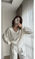 Pamuk Kumaş V Yaka Beyaz Kazak