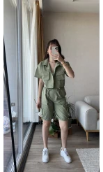 Paraşüt Kumaş Haki Şortlu Gömlek Takım