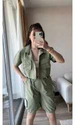 Paraşüt Kumaş Haki Şortlu Gömlek Takım