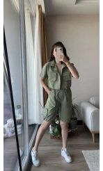 Paraşüt Kumaş Haki Şortlu Gömlek Takım