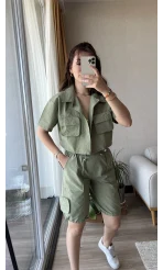 Paraşüt Kumaş Haki Şortlu Gömlek Takım
