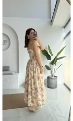 Paris Korse Detay Elbise - Bej - 00673