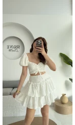 Party Etek Crop Takım Beyaz