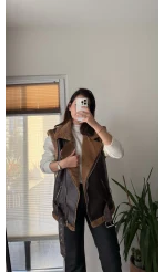 Patrice Biker Kürklü Deri Yelek Acı Kahve