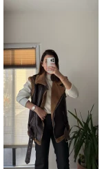 Patrice Biker Kürklü Deri Yelek Acı Kahve