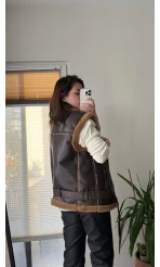 Patrice Biker Kürklü Deri Yelek Acı Kahve