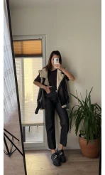 Patrice Biker Kürklü Deri Yelek Siyah