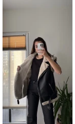 Patrice Biker Kürklü Deri Yelek Siyah