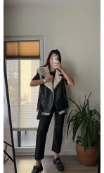 Patrice Biker Kürklü Deri Yelek Siyah