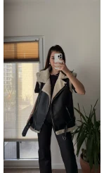 Patrice Biker Kürklü Deri Yelek Siyah
