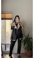 Patrice Biker Kürklü Deri Yelek Siyah