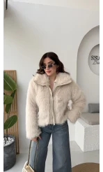 Paul Deri Detay Kürk Mont - Bej - Kod: 2709