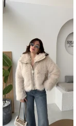 Paul Deri Detay Kürk Mont - Bej - Kod: 2709