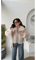 Paul Deri Detay Kürk Mont - Bej - Kod: 2709