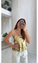 Payetli İp Askılı Bluz - Gold - Kod: 071950