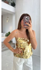 Payetli İp Askılı Bluz - Gold - Kod: 071950