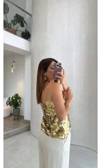 Payetli İp Askılı Bluz - Gold - Kod: 071950