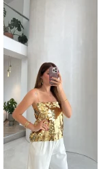 Payetli İp Askılı Bluz - Gold - Kod: 071950