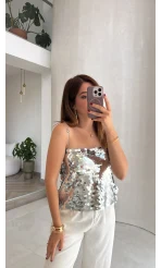 Payetli İp Askılı Bluz - Gümüş - Kod: 071950