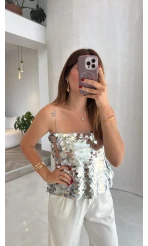 Payetli İp Askılı Bluz - Gümüş - Kod: 071950