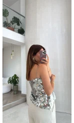 Payetli İp Askılı Bluz - Gümüş - Kod: 071950
