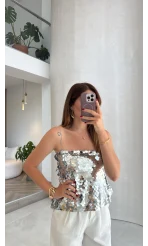 Payetli İp Askılı Bluz - Gümüş - Kod: 071950