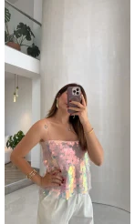 Payetli İp Askılı Bluz - Pembe - Kod: 071950