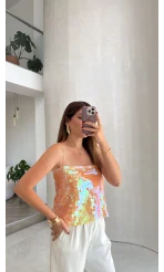 Payetli İp Askılı Bluz - Somon - Kod: 071950