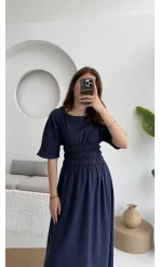 Peaches Keten Elbise - Lacivert