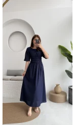 Peaches Keten Elbise - Lacivert