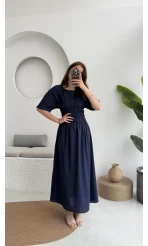Peaches Keten Elbise - Lacivert