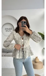 Pear Bebe Yaka Çizgili Bluz - Gri - 1035