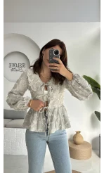 Pear Bebe Yaka Çizgili Bluz - Gri - 1035