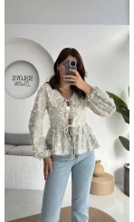 Pear Bebe Yaka Çizgili Bluz - Gri - 1035