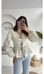 Pear Bebe Yaka Çizgili Bluz - Gri - 1035