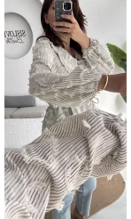 Pear Bebe Yaka Çizgili Bluz - Gri - 1035