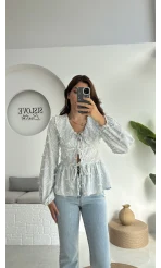 Pear Bebe Yaka Çizgili Bluz - Mavi - 1035