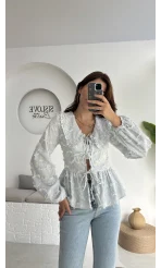 Pear Bebe Yaka Çizgili Bluz - Mavi - 1035