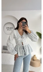 Pear Bebe Yaka Çizgili Bluz - Mavi - 1035