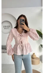 Pear Bebe Yaka Çizgili Bluz - Pembe - 1035