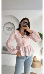 Pear Bebe Yaka Çizgili Bluz - Pembe - 1035