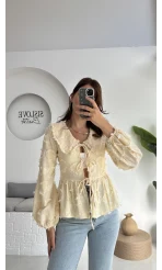 Pear Bebe Yaka Çizgili Bluz - Sarı - 1035