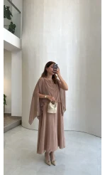 Pelerinli Askılı Elbise - Pudra - Kod: 3447