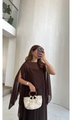 Pelerinli Askılı Elbise - Kahve - Kod: 3447