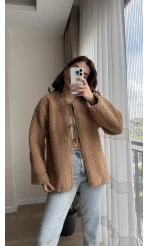 Peluş Bağlamalı Ceket Camel