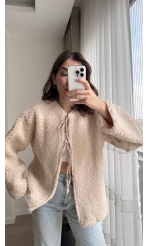 Peluş Bağlamalı Ceket Ekru