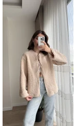 Peluş Bağlamalı Ceket Ekru