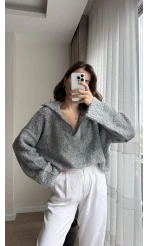 Peluş V Yaka Koyu Gri Kazak