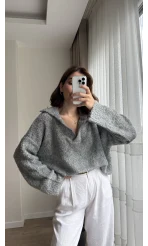 Peluş V Yaka Koyu Gri Kazak