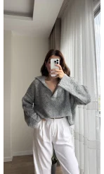 Peluş V Yaka Koyu Gri Kazak